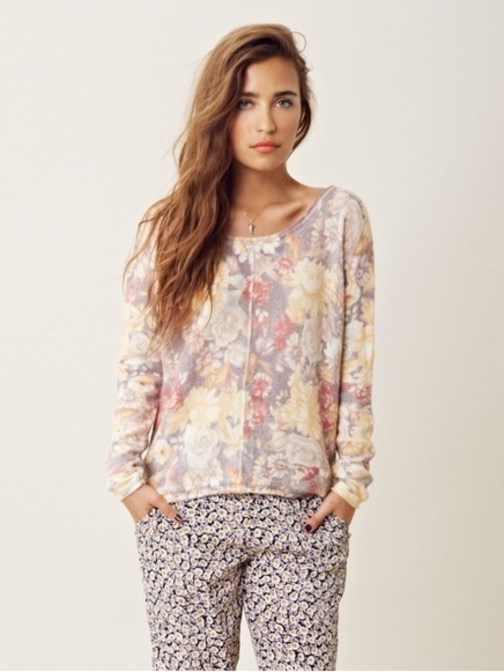 Free People Floral Angora Blend Sweater XS Boho Lightweight Soft Pullover Top